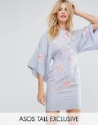 Asos Tall Kimono Mini Dress With Embroidery - Blue