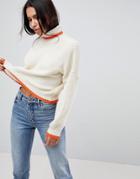 Asos Chunky Crop Sweater With High Neck And Tipping - Cream