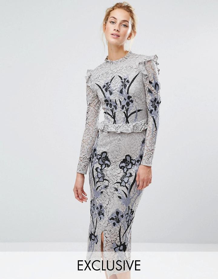 Hope & Ivy All Over Lace Midi Dress With Embroidery - Gray