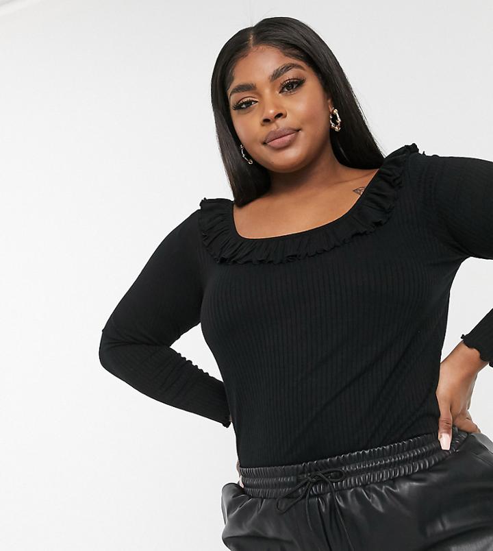 Vero Moda Curve Ribbed Wide Neck Top With Ruffles In Black