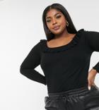 Vero Moda Curve Ribbed Wide Neck Top With Ruffles In Black