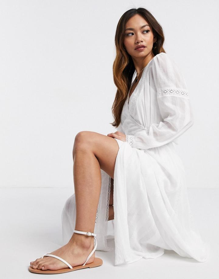 Asos Design Lace Insert Wrap Maxi Dress In White