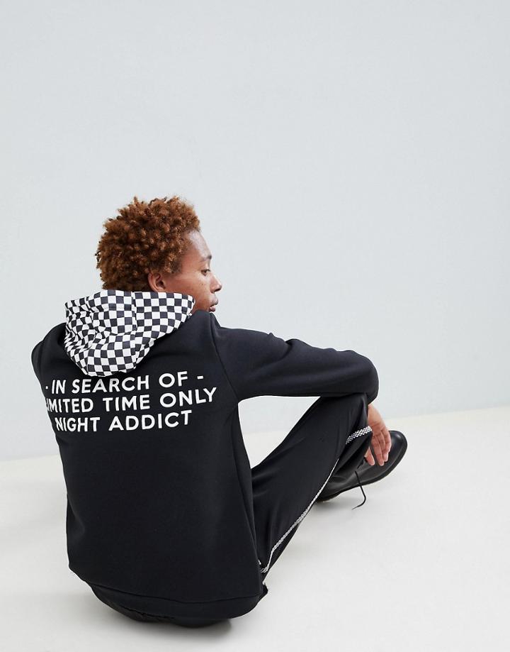 Night Addict Contrast Checker Hoodie With Rubber Back Print - Black