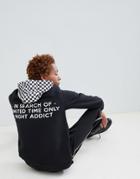 Night Addict Contrast Checker Hoodie With Rubber Back Print - Black