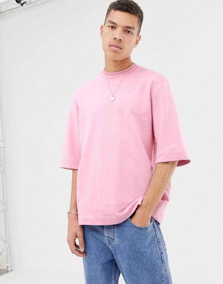 Asos White Oversized Short Sleeved Sweatshirt In Pink - Pink