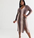 Asos Design Curve Long Sleeve V-neck Glitter Ombre Midi Dress With Thigh Split-brown
