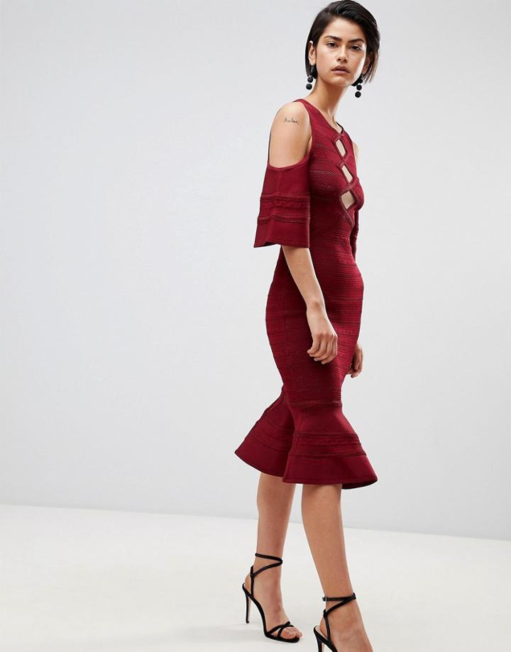 Forever Unique Cold Shoulder Dress With Peplum Hem - Red