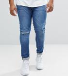 Asos Plus Super Skinny Jeans In Mid Wash Blue With Rip And Repair - Blue