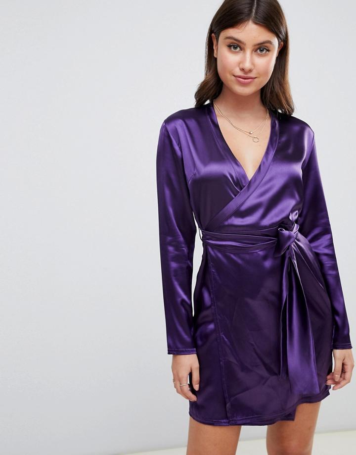 Boohoo Satin Wrap Long Sleeve Mini Dress In Purple - Purple