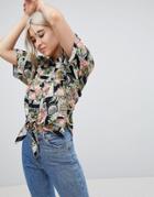 Asos Tie Front Shirt In Postcard Print - Multi
