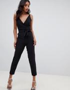 Asos Design Wrap Front Jumpsuit With Peg Leg And Self Belt-black