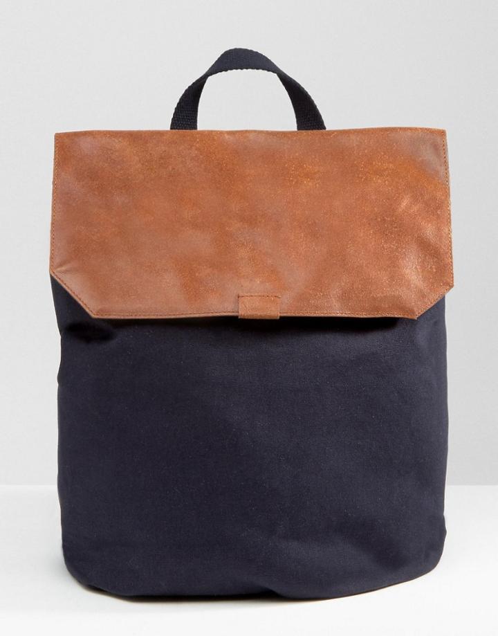 Asos Backpack In Canvas With Leather Top - Navy