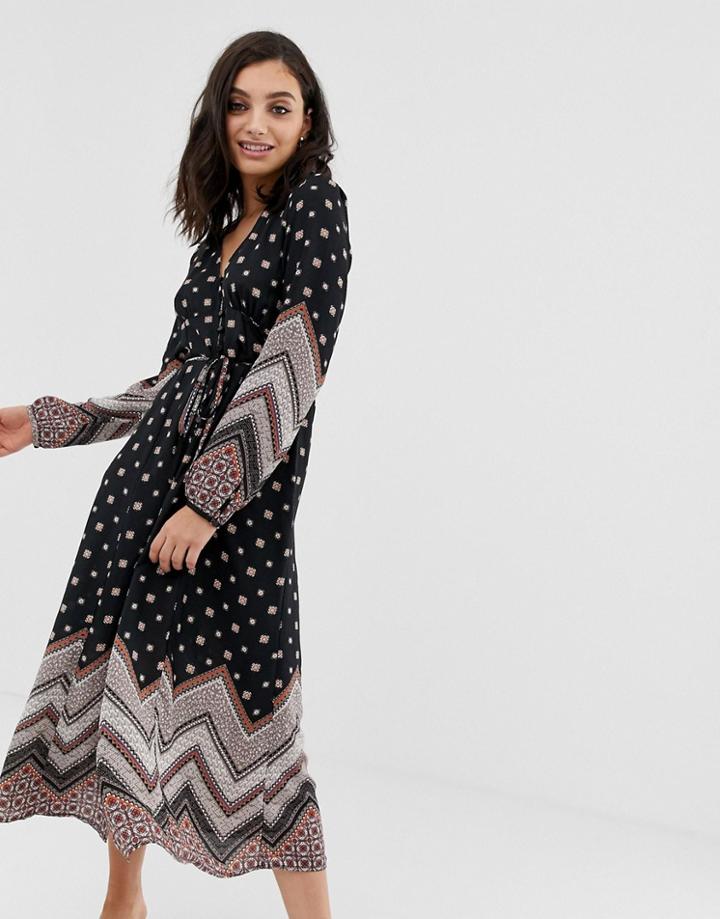 En Creme Button Front Midi Dress With Plunge Front In Mixed Print - Multi
