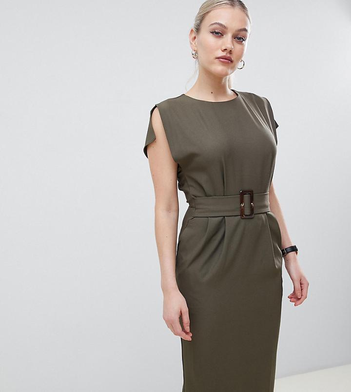 Asos Design Petite Split Cap Sleeve Midi Pencil Dress With Buckle - Green