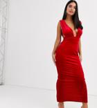 Asos Design Petite Velvet Deep Plunge Maxi Dress-red