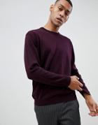 Moss London Merino Crew Neck Sweater In Burgundy - Brown