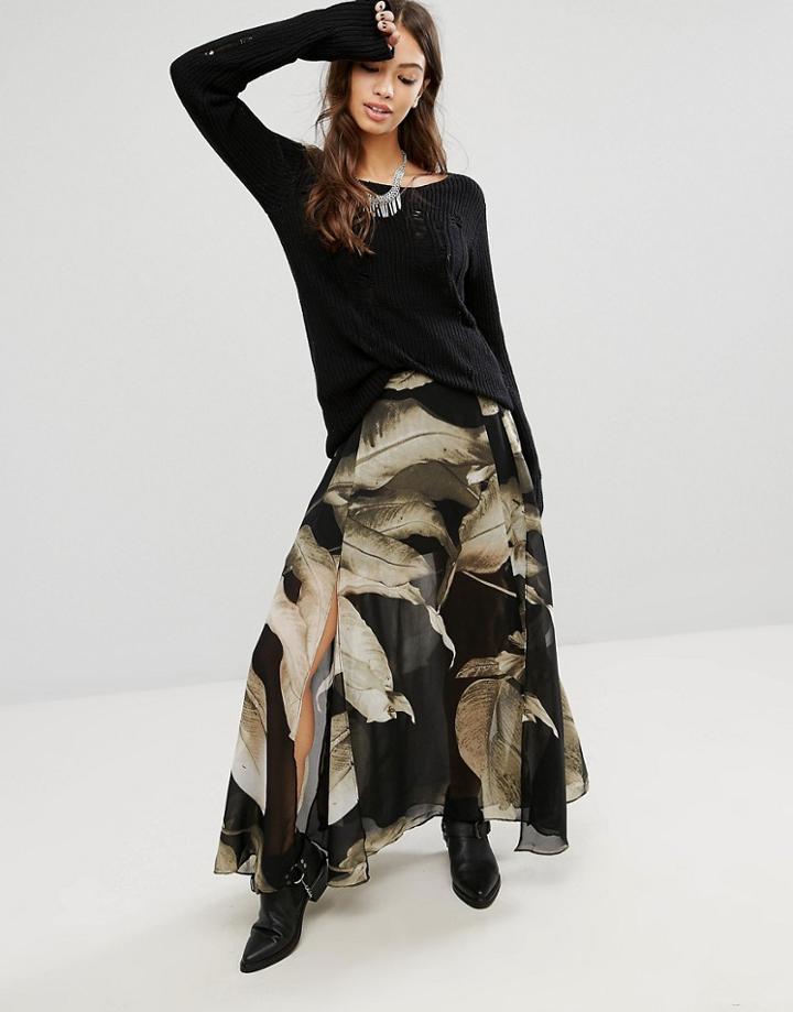 Religion Tropical Print Maxi Skirt - Black