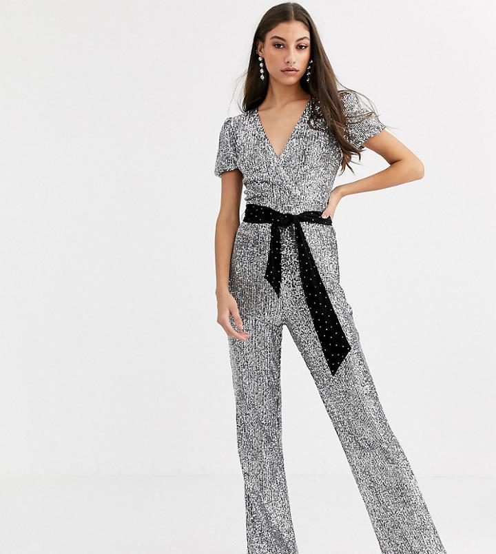 Fashion Union Tall Allover Silver Sequin Jumpsuit With Velvet Tie Waist