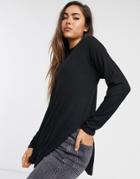 Asos Design Top With Side Splits And Long Sleeve In Clean Rib In Black