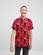 Brave Soul Short Sleeved Panther Print Shirt With Revere Collar - Red