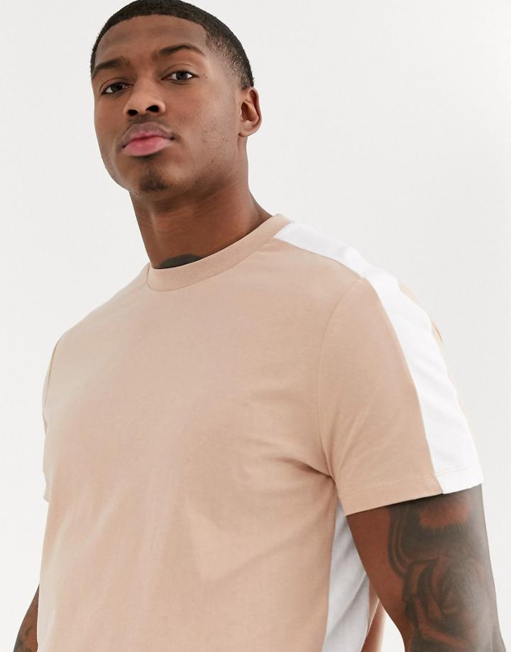 Asos Design T-shirt With Side Panel Stripe In Humus - Beige