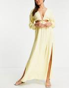Asos Design Cut Out Lattice Waist Maxi Beach Dress In Yellow