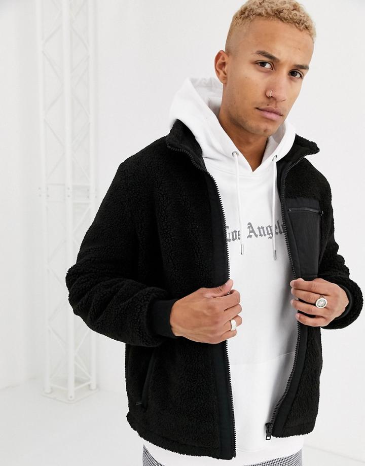 Asos Design Black Zip Through Borg Jacket With Nylon Pockets