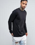 Yourturn Longline Long Sleeve T-shirt With Contrast Hem - Black