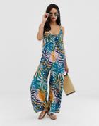 Asos Design Low Back Jumpsuit In Crinkle In Palm Print - Multi