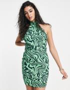 Asos Design High Neck Belted Twill Mini Dress In Green Swirl-multi