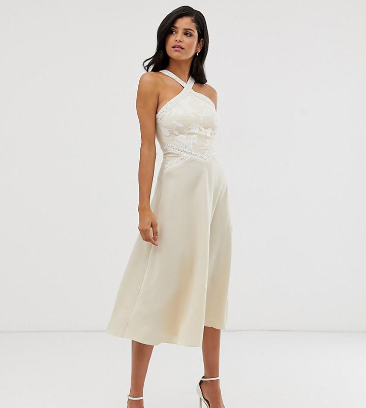Little Mistress Tall Embroidered Cross Neck Midi Skater Dress In Cream - Cream