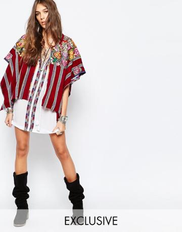 Hiptipico Handmade Cape With Floral Embroidery And Stripes - Multi
