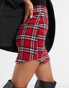 Asos Design Curved Hem Mini Skirt In Brushed Red Plaid-multi