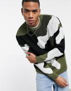 Asos Design Textured Knit Sweater In Camo Design-green