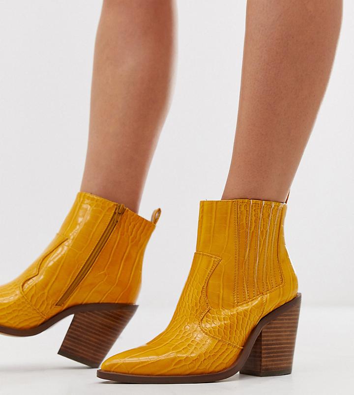Asos Design Wide Fit Elliot Western Boots In Mustard Croc - Yellow