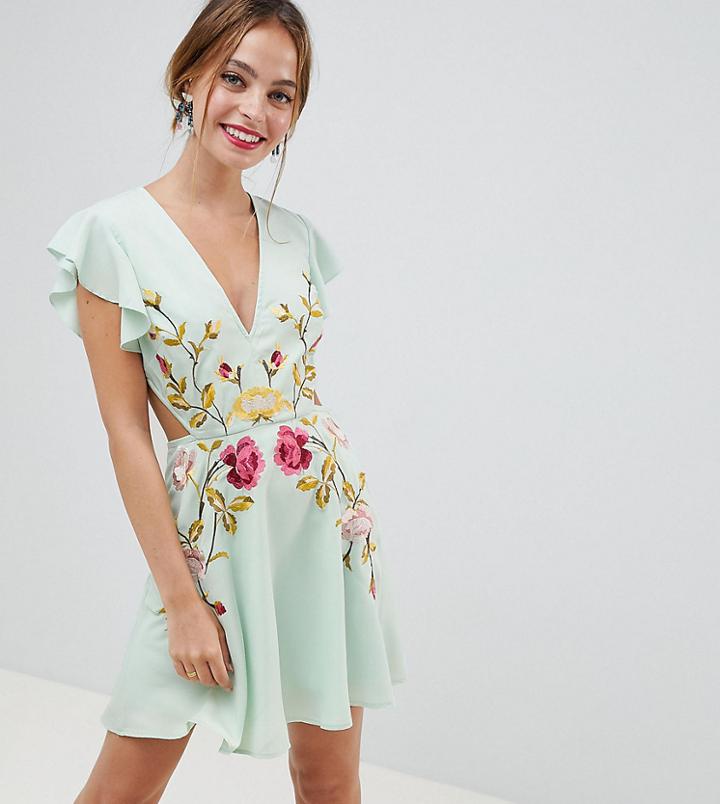 Asos Design Petite Embroidered Skater Mini Dress With Cut Out Sides - Multi