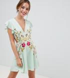 Asos Design Petite Embroidered Skater Mini Dress With Cut Out Sides - Multi