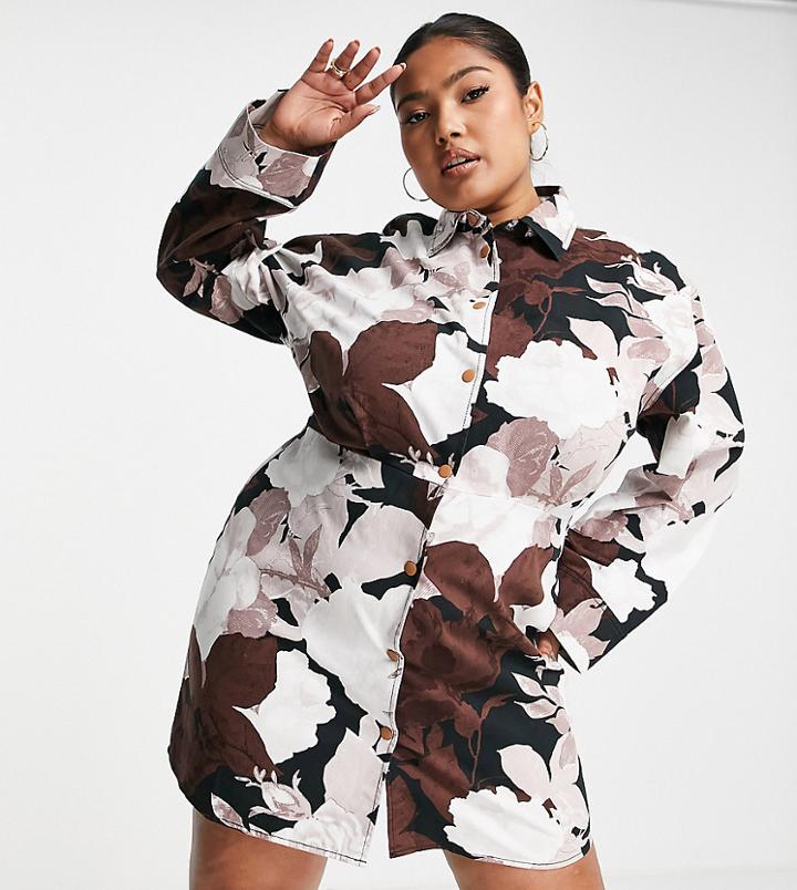 Asos Design Curve Twill Shirt Dress In Bold Floral Print-multi