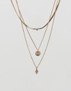 Asos Design Multirow Necklace With Crystal Detail Flat Curb Chain And Engraved Pendants In Gold - Gold