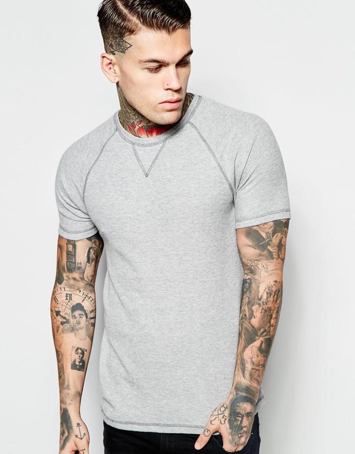 Asos Muscle T-shirt In Mini Waffle With Raglan Sleeves And Contrast Stitching In Gray - Gray Marl