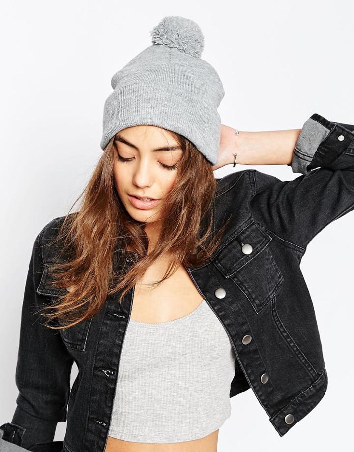 Asos Short Turn Up Beanie With Pom - Light Gray