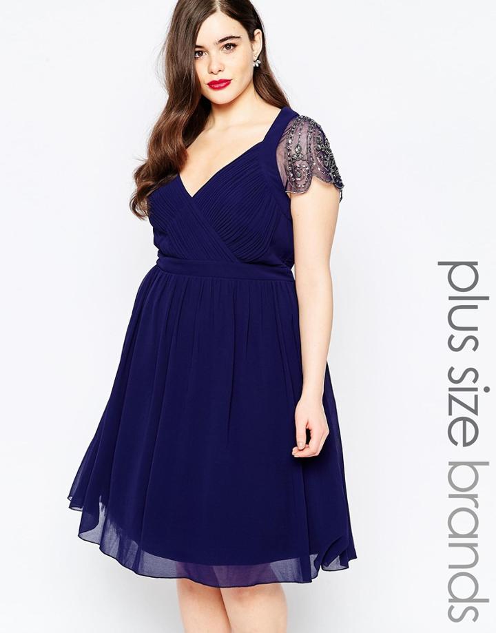 Little Mistress Plus Plunge Skater Dress With Embellished Sleeves - Navy