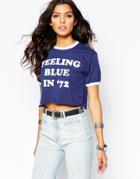 Milk It Cropped Retro Fitted Ringer T-shirt With Feelin Blue Slogan - Navy