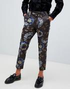 Asos Design Skinny Crop Smart Pants In Brown With Floral Flocking - Brown