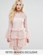 John Zack Petite Allover Cutwork Lace Mini Dress With Fluted Sleeve Detail - Pink