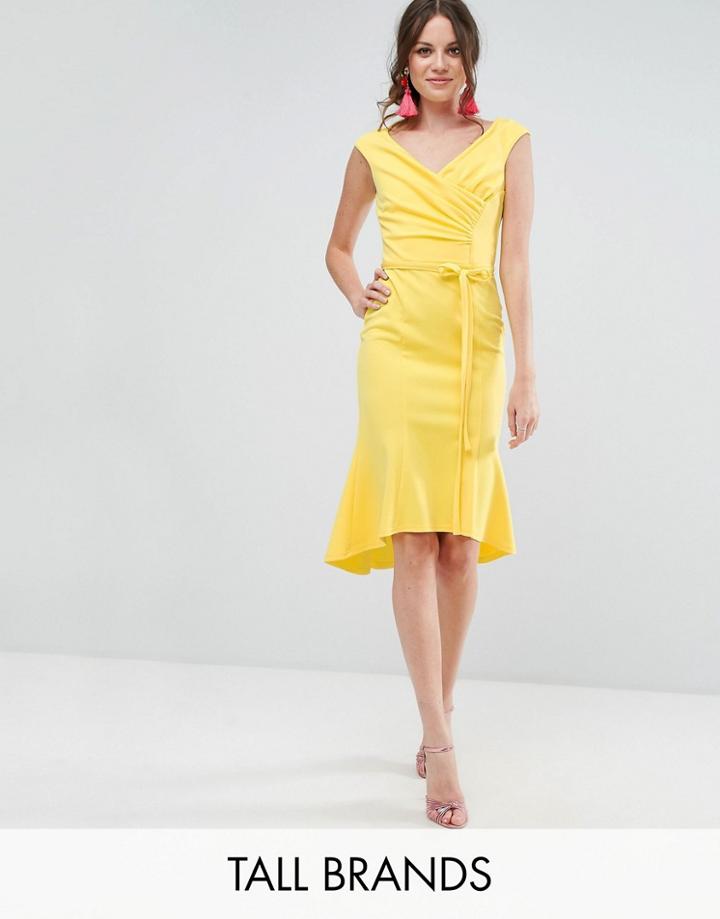 City Goddess Tall Wrap Front Peplum Midi Dress - Yellow