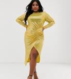 John Zack Plus Bodycon Maxi Dress With Ruched Detail In Yellow Sequin - Yellow