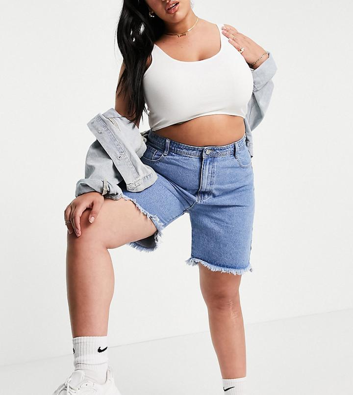 Missguided Plus Long Line Denim Shorts In Blue-blues
