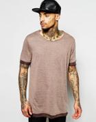 Asos Longline T-shirt In Linen Look With Contrast Trim In Brown
