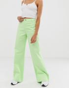 Asos Design Full Length Wide Leg Jeans In Neon Pastel Green With Deep Hem Detail - Green